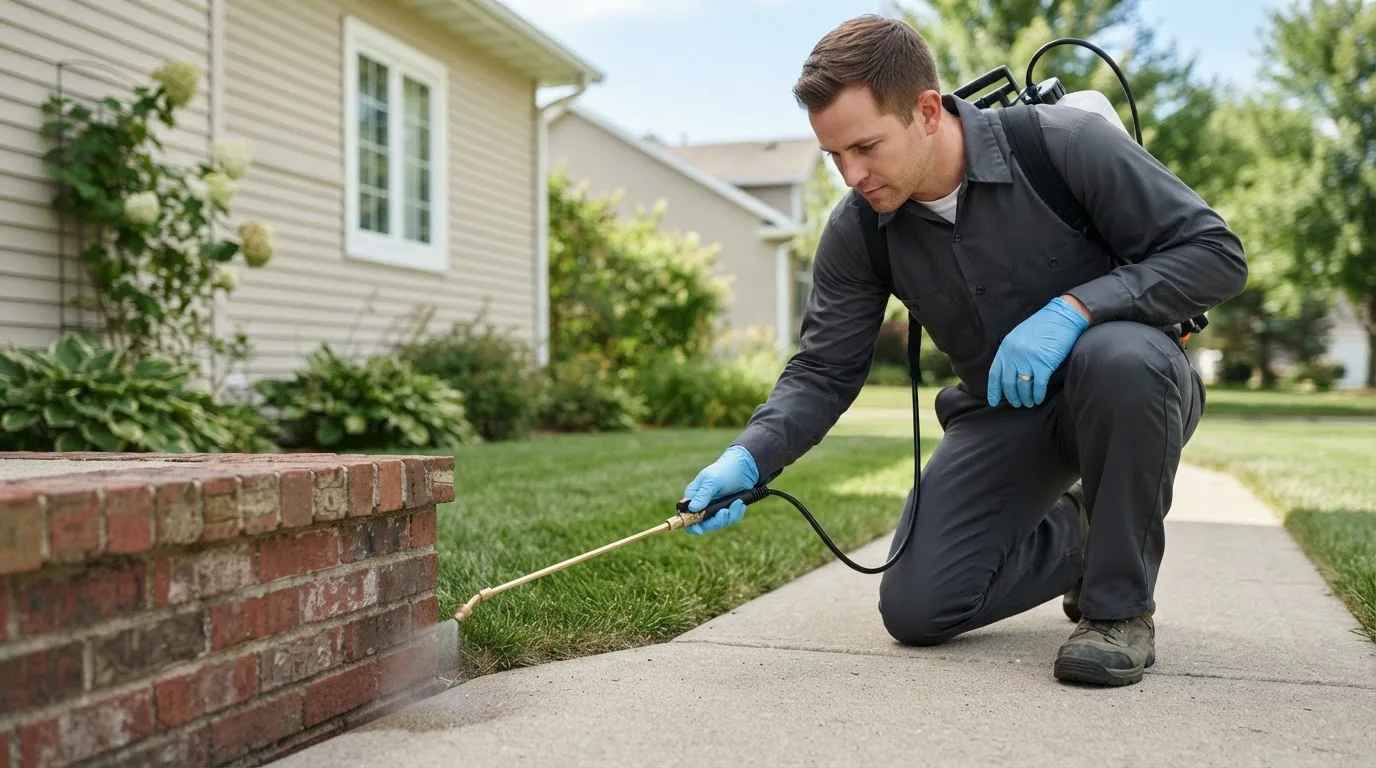 Pest control technician treating a home near Merrifield, MN