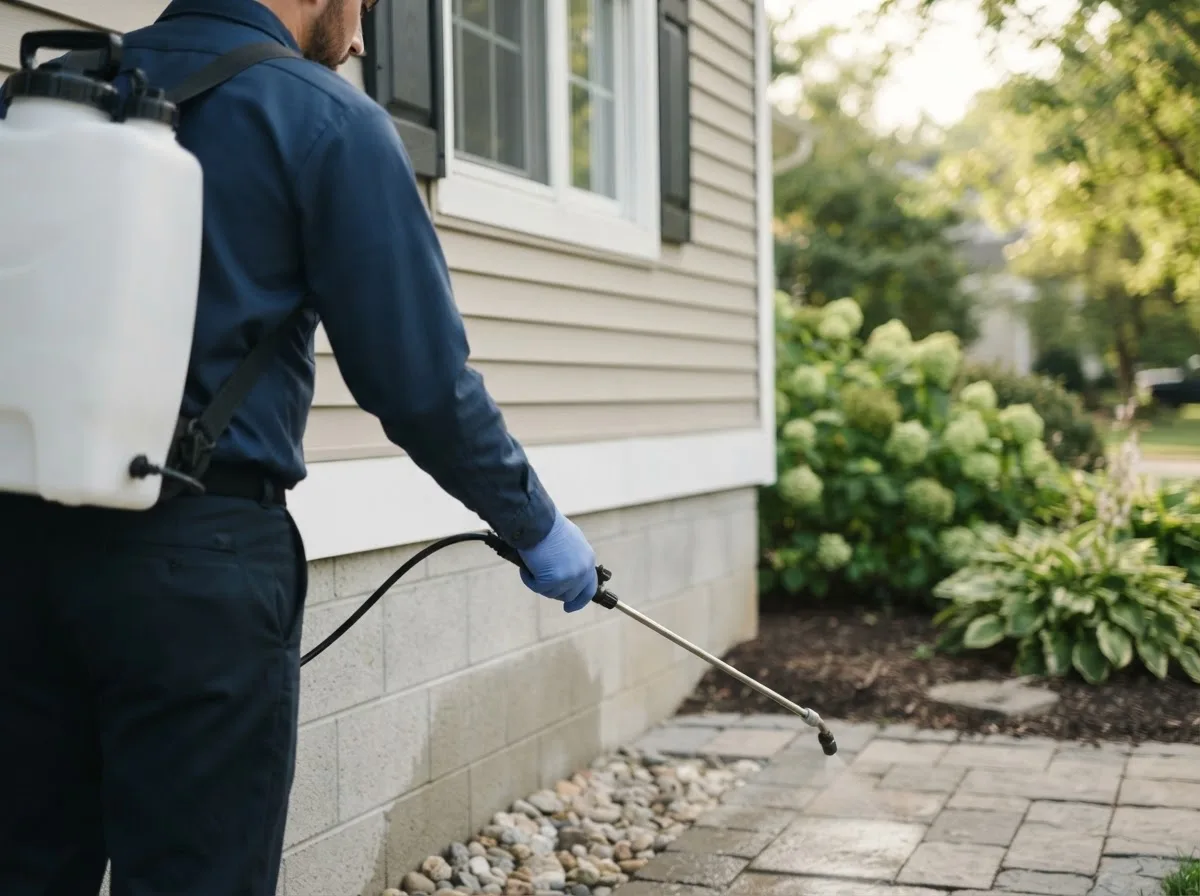 Pest control technician inspecting a home in Merrifield, MN